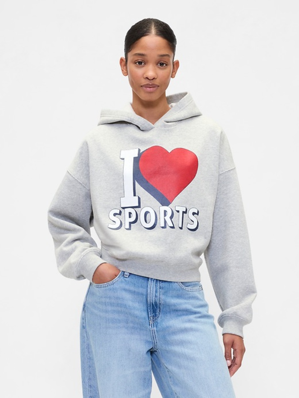 Gap Relaxed Cropped Wedge Graphic Hoodie I Love Sports Streetwear Athletic NWT